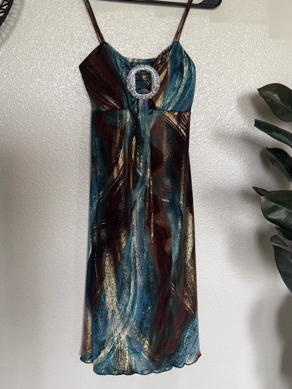 Y2K Vintage Club Dress Metallic Teal and Brown Spaghetti Strap Early 2000s